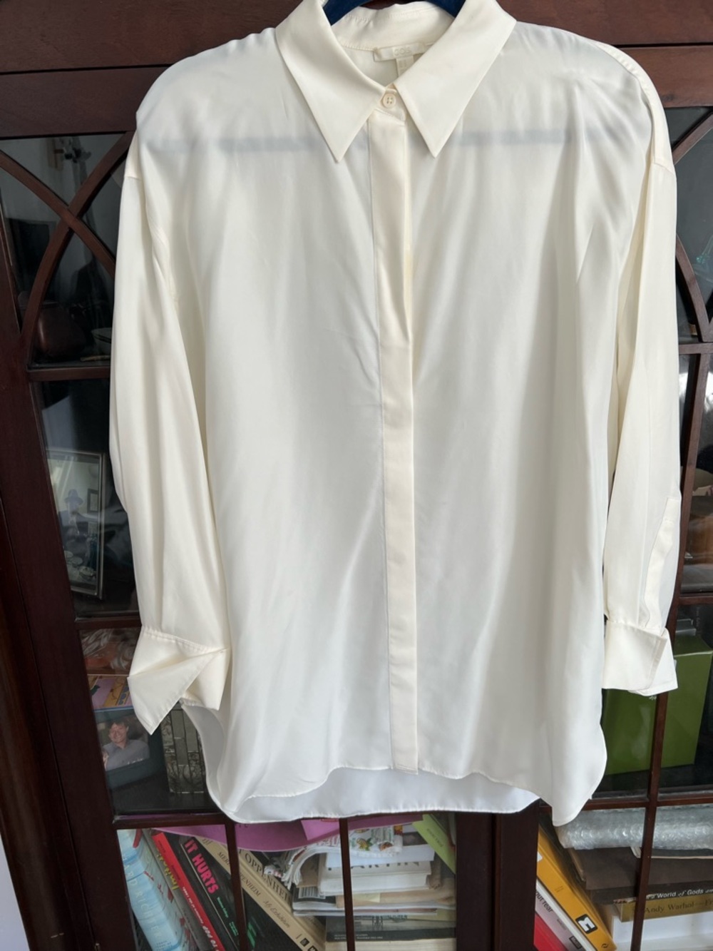 COS Oversized Silk-Satin off-white Button-Down Shirt
Sz 10 (but oversized)